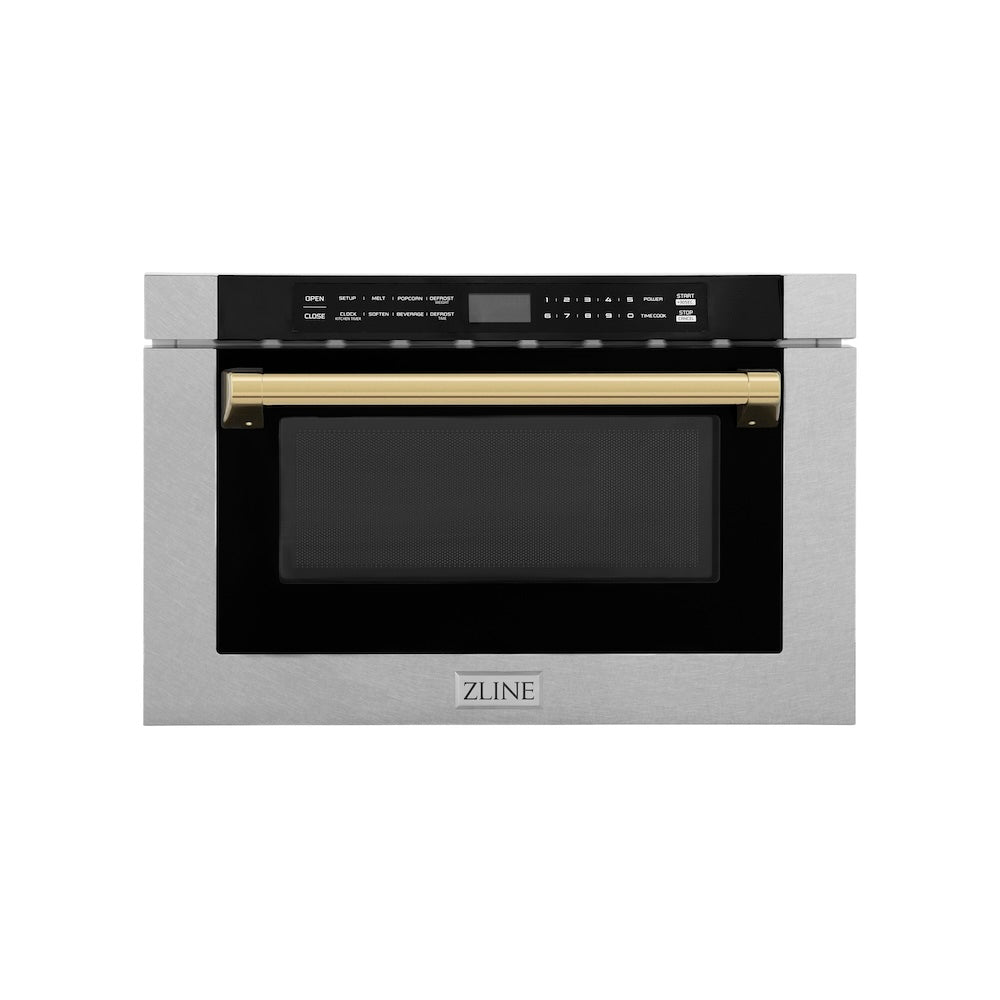 ZLINE Autograph Edition 24 in. 1.2 cu. ft. Built-in Microwave Drawer with a Traditional Handle in Satin Stainless Steel and Polished Gold Accents (MWDZ-1-SS-H-G) front.