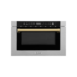 ZLINE Autograph Edition 24 in. 1.2 cu. ft. Built-in Microwave Drawer with a Traditional Handle in Satin Stainless Steel and Polished Gold Accents (MWDZ-1-SS-H-G) front.