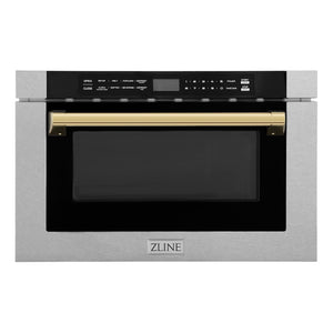 ZLINE Autograph Edition 24 in. 1.2 cu. ft. Built-in Microwave Drawer with a Traditional Handle in Satin Stainless Steel and Polished Gold Accents (MWDZ-1-SS-H-G)