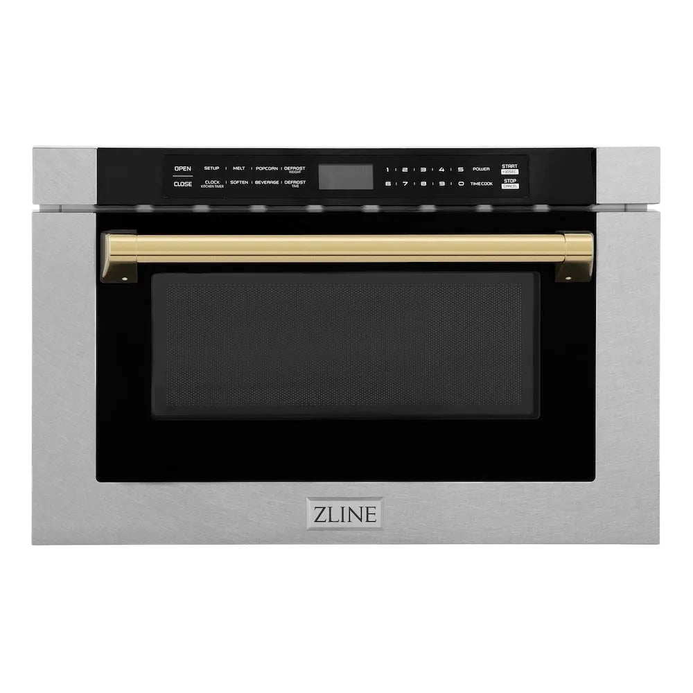 ZLINE Autograph Edition 24 in. 1.2 cu. ft. Built-in Microwave Drawer with a Traditional Handle in Satin Stainless Steel and Polished Gold Accents (MWDZ-1-SS-H-G) main image.