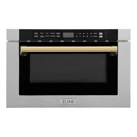 ZLINE Autograph Edition 24 in. 1.2 cu. ft. Built-in Microwave Drawer with a Traditional Handle in Satin Stainless Steel and Polished Gold Accents (MWDZ-1-SS-H-G) main image.