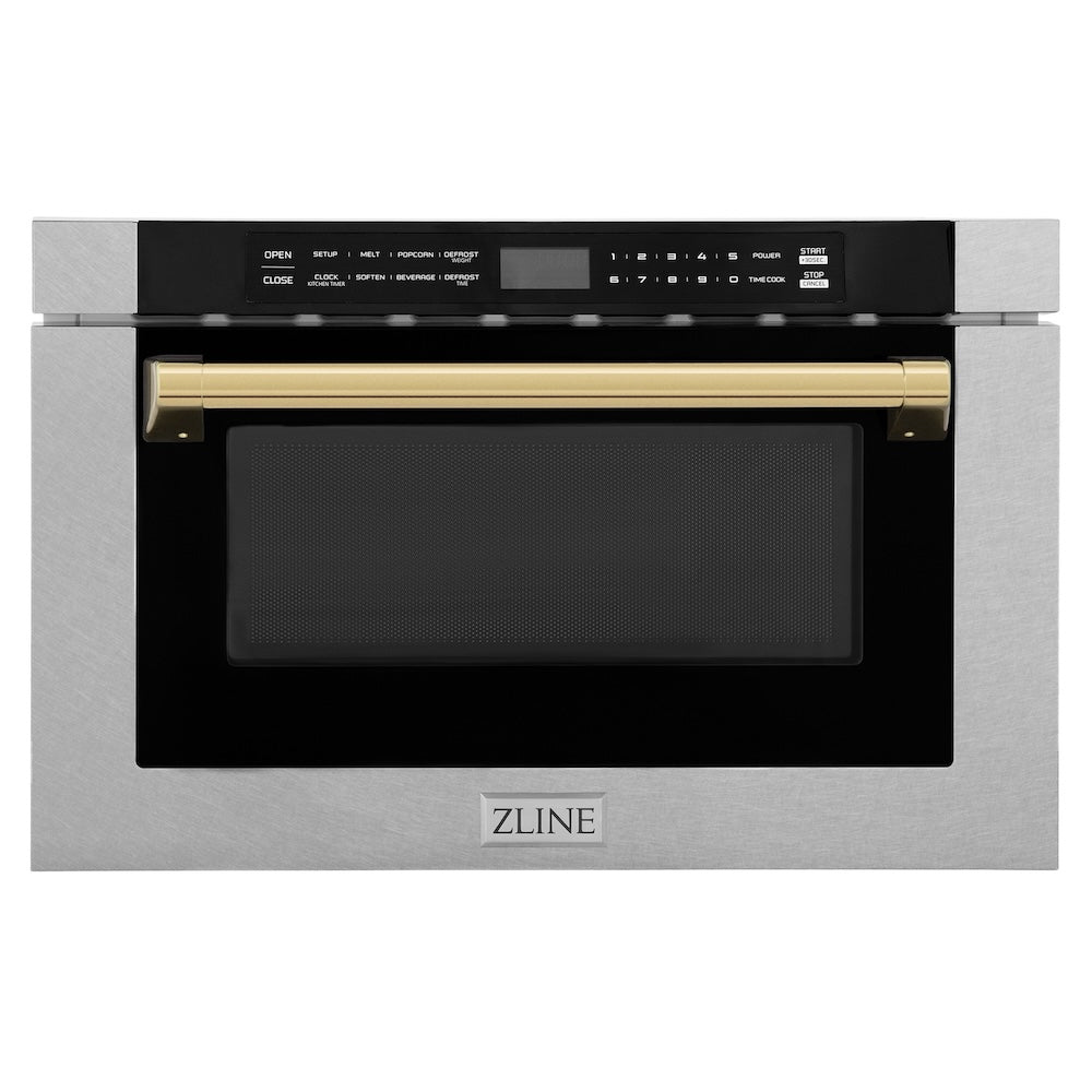 ZLINE Autograph Edition 24 in. 1.2 cu. ft. Built-in Microwave Drawer with a Traditional Handle in Satin Stainless Steel and Polished Gold Accents (MWDZ-1-SS-H-G)