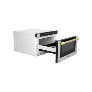 ZLINE Autograph Edition 24 in. 1.2 cu. ft. Built-in Microwave Drawer with a Traditional Handle in Satin Stainless Steel and Polished Gold Accents (MWDZ-1-SS-H-G) side, open.
