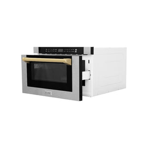 ZLINE Autograph Edition 24 in. 1.2 cu. ft. Built-in Microwave Drawer with a Traditional Handle in Satin Stainless Steel and Polished Gold Accents (MWDZ-1-SS-H-G) side, open.