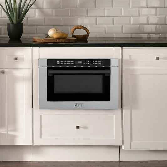 ZLINE Autograph Edition 24 in. 1.2 cu. ft. Built-in Microwave Drawer with a Traditional Handle in Satin Stainless Steel and Matte Black Accents (MWDZ-1-SS-H-MB) in a luxury kitchen.