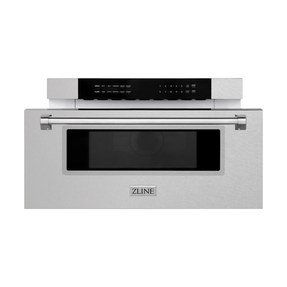 ZLINE 30 in 1.2 cu. ft. Built-in Microwave Drawer in Satin Stainless Steel (MWD-30-SS) front, open.