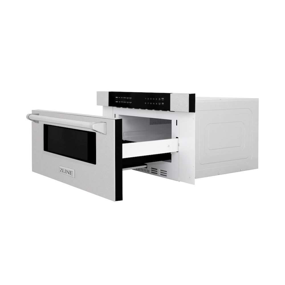 ZLINE 30 in 1.2 cu. ft. Built-in Microwave Drawer in Satin Stainless Steel (MWD-30-SS) side, open.