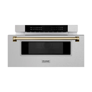ZLINE Autograph Edition 30 in. 1.2 cu. ft. Built-In Microwave Drawer in Satin Stainless Steel with Champagne Bronze Accents (MWDZ-30-SS-CB) front, open.