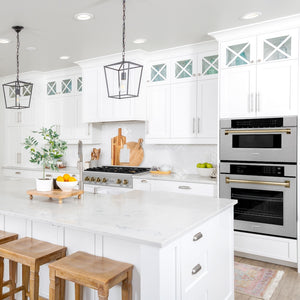 ZLINE Autograph Edition 30 in. 1.2 cu. ft. Built-In Microwave Drawer in Satin Stainless Steel with Champagne Bronze Accents (MWDZ-30-SS-CB) in a luxury kitchen.