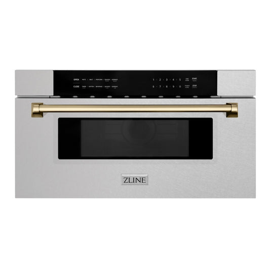 ZLINE Autograph Edition 30 in. 1.2 cu. ft. Built-In Microwave Drawer in Satin Stainless Steel with Champagne Bronze Accents (MWDZ-30-SS-CB)