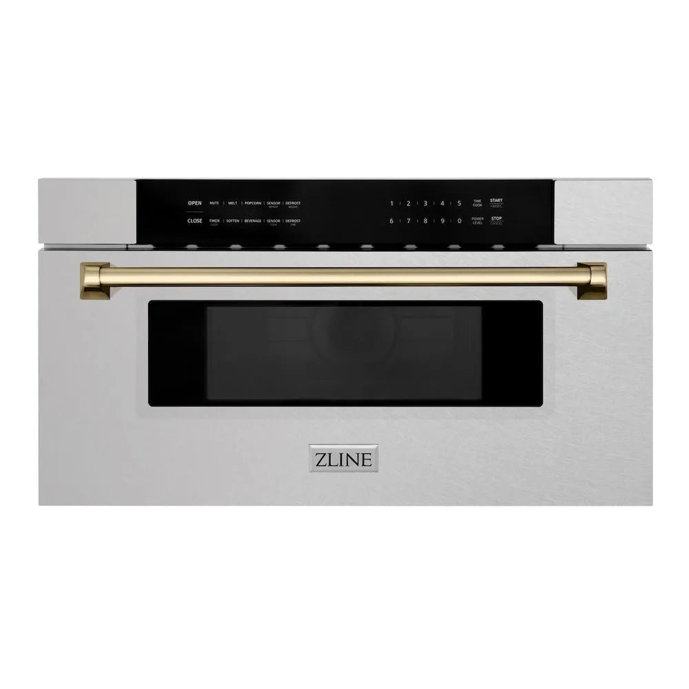 ZLINE Autograph Edition 30 in. 1.2 cu. ft. Built-In Microwave Drawer in Satin Stainless Steel with Champagne Bronze Accents (MWDZ-30-SS-CB) main image.