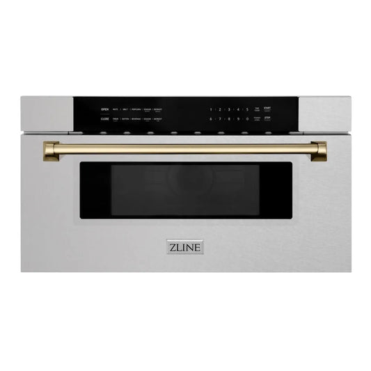 ZLINE Autograph Edition 30 in. 1.2 cu. ft. Built-In Microwave Drawer in Satin Stainless Steel with Champagne Bronze Accents (MWDZ-30-SS-CB) main image.