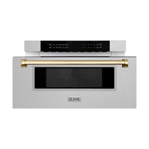 ZLINE Autograph Edition 30 in. 1.2 cu. ft. Built-In Microwave Drawer in Satin Stainless Steel with Polished Gold Accents (MWDZ-30-SS-G) front, open.