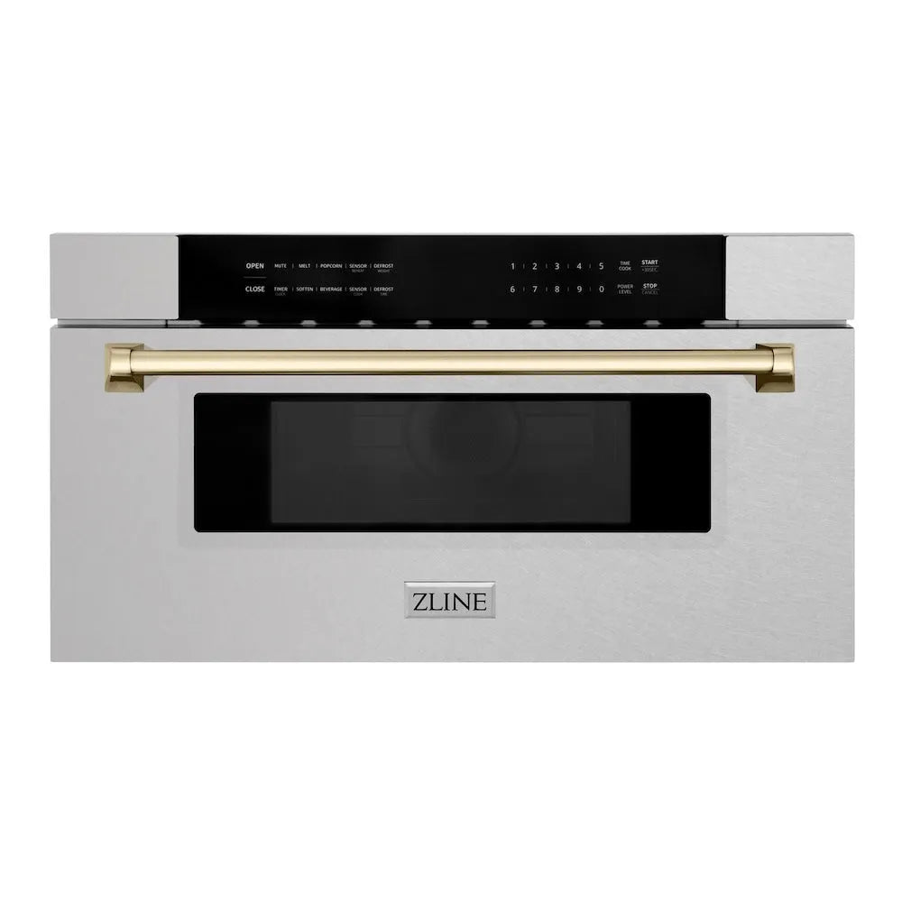 ZLINE Autograph Edition 30 in. 1.2 cu. ft. Built-In Microwave Drawer in Satin Stainless Steel with Polished Gold Accents (MWDZ-30-SS-G) main image.