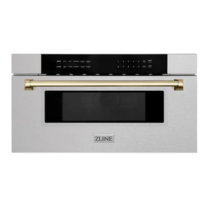 ZLINE Autograph Edition 30 in. 1.2 cu. ft. Built-In Microwave Drawer in Satin Stainless Steel with Polished Gold Accents (MWDZ-30-SS-G) main image.