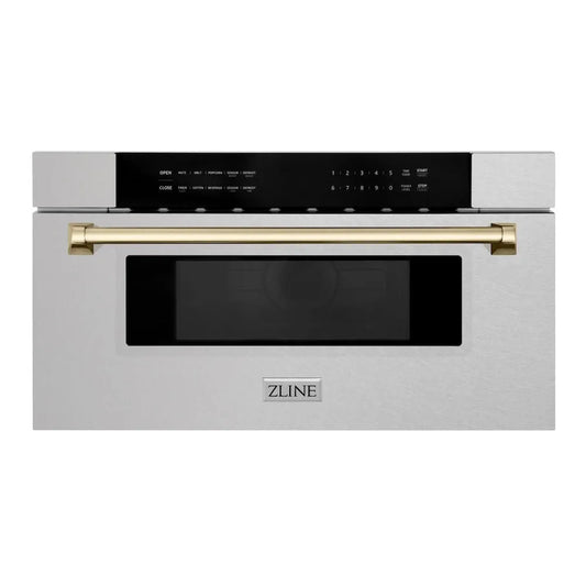 ZLINE Autograph Edition 30 in. 1.2 cu. ft. Built-In Microwave Drawer in Satin Stainless Steel with Polished Gold Accents (MWDZ-30-SS-G) main image.