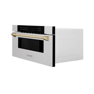 ZLINE Autograph Edition 30 in. 1.2 cu. ft. Built-In Microwave Drawer in Satin Stainless Steel with Polished Gold Accents (MWDZ-30-SS-G) side.