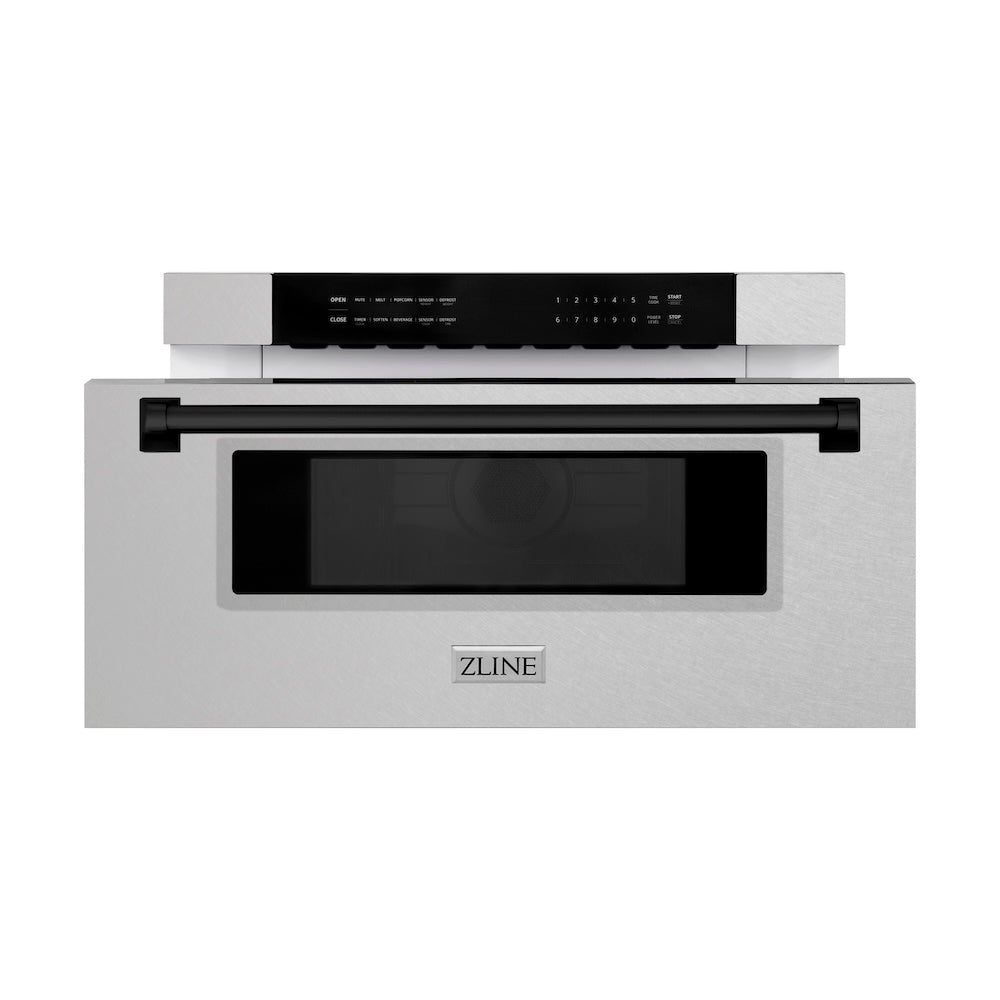 ZLINE Autograph Edition 30 in. 1.2 cu. ft. Built-In Microwave Drawer in Satin Stainless Steel with Matte Black Accents (MWDZ-30-SS-MB) front, open.