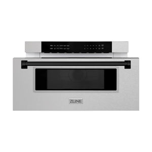 ZLINE Autograph Edition 30 in. 1.2 cu. ft. Built-In Microwave Drawer in Satin Stainless Steel with Matte Black Accents (MWDZ-30-SS-MB) front, open.
