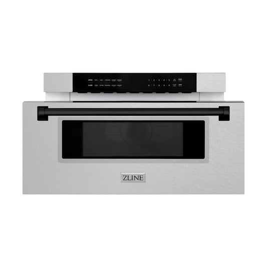 ZLINE Autograph Edition 30 in. 1.2 cu. ft. Built-In Microwave Drawer in Satin Stainless Steel with Matte Black Accents (MWDZ-30-SS-MB) front, open.
