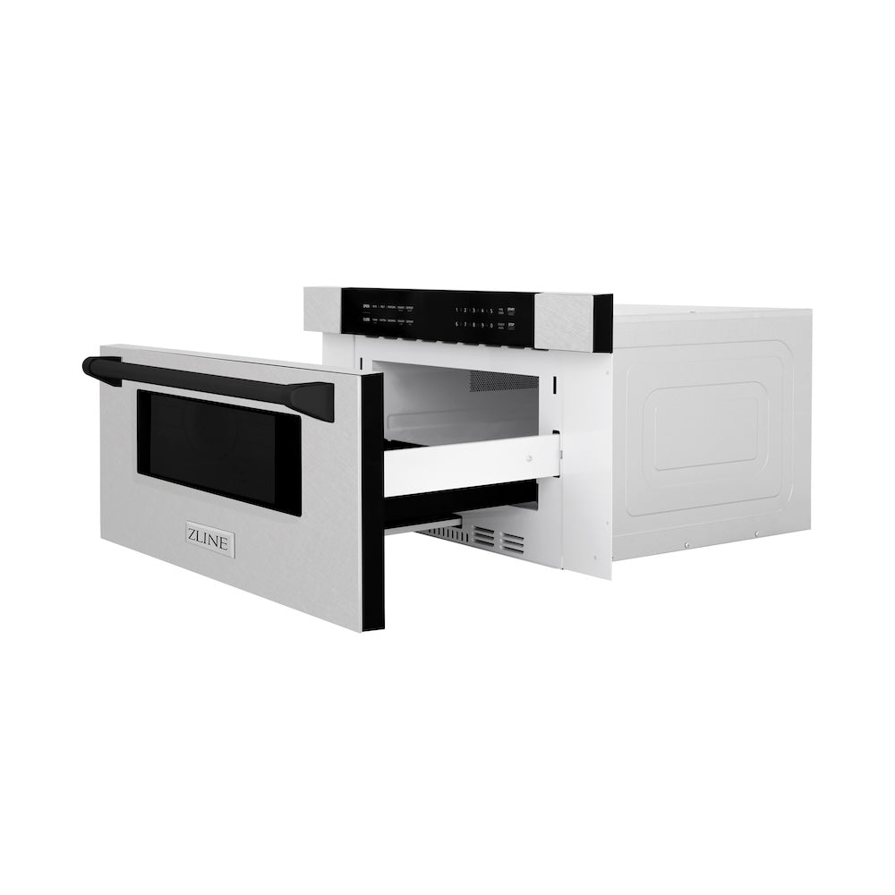 ZLINE Autograph Edition 30 in. 1.2 cu. ft. Built-In Microwave Drawer in Satin Stainless Steel with Matte Black Accents (MWDZ-30-SS-MB) side, open.