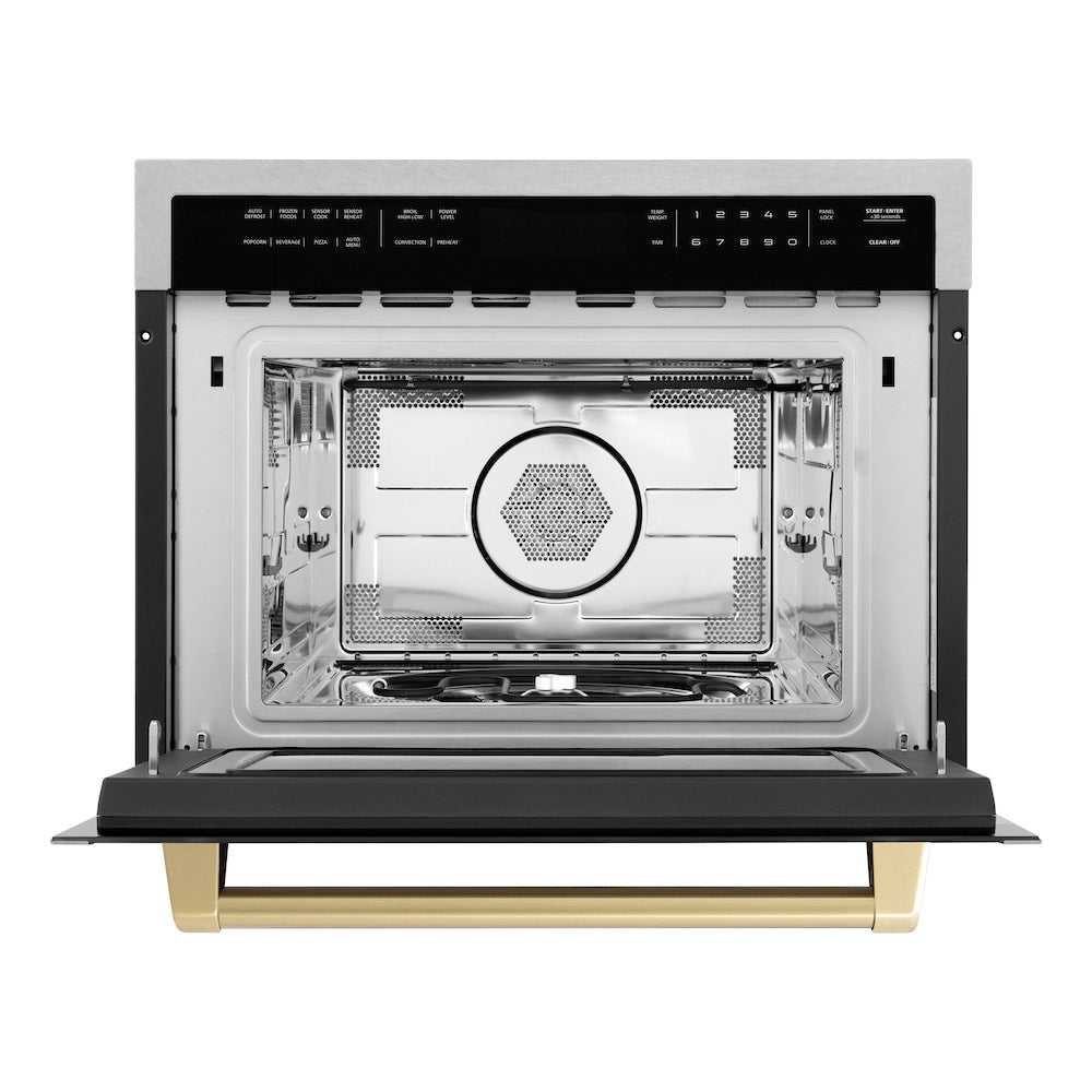 ZLINE Autograph Edition 24 in. 1.6 cu ft. Built-in Convection Microwave Oven in Satin Stainless Steel with Champagne Bronze Accents (MWOZ-24-SS-CB) front, open.