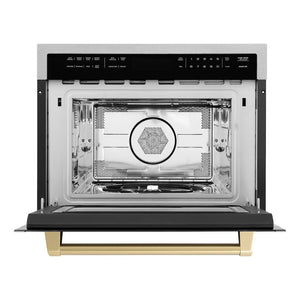 ZLINE Autograph Edition 24 in. 1.6 cu ft. Built-in Convection Microwave Oven in Satin Stainless Steel with Champagne Bronze Accents (MWOZ-24-SS-CB) front, open.