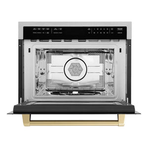 ZLINE Autograph Edition 24 in. 1.6 cu ft. Built-in Convection Microwave Oven in Satin Stainless Steel with Champagne Bronze Accents (MWOZ-24-SS-CB) front, open.