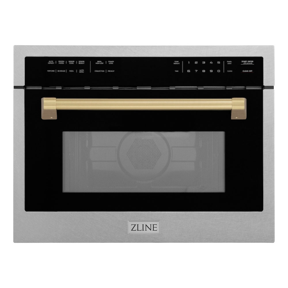 ZLINE Autograph Edition 24 in. 1.6 cu ft. Built-in Convection Microwave Oven in Satin Stainless Steel with Champagne Bronze Accents (MWOZ-24-SS-CB) front.