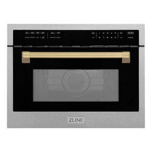 ZLINE Autograph Edition 24 in. 1.6 cu ft. Built-in Convection Microwave Oven in Satin Stainless Steel with Champagne Bronze Accents (MWOZ-24-SS-CB) front.