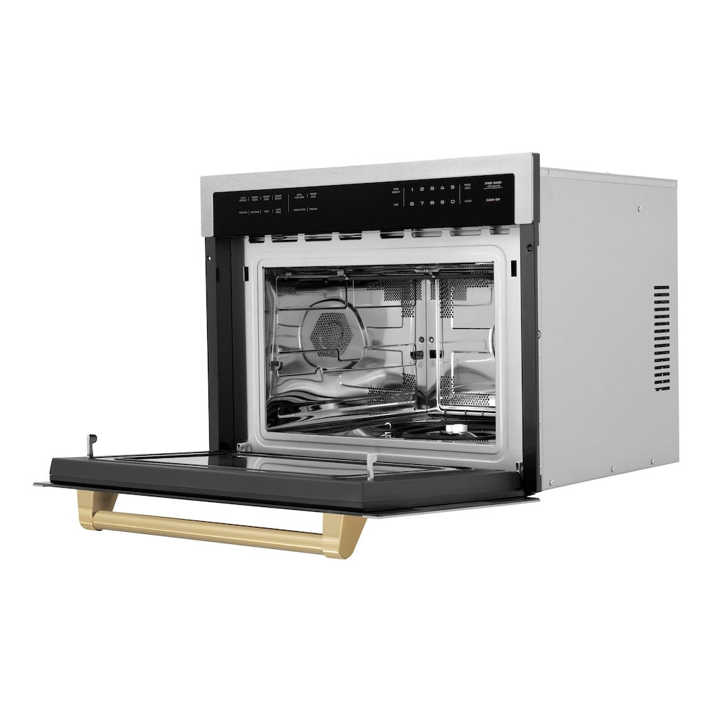 ZLINE Autograph Edition 24 in. 1.6 cu ft. Built-in Convection Microwave Oven in Satin Stainless Steel with Champagne Bronze Accents (MWOZ-24-SS-CB) side, open.