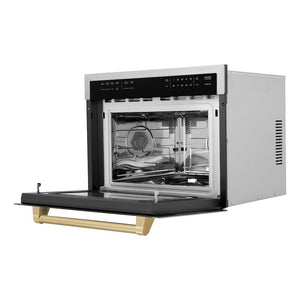 ZLINE Autograph Edition 24 in. 1.6 cu ft. Built-in Convection Microwave Oven in Satin Stainless Steel with Champagne Bronze Accents (MWOZ-24-SS-CB) side, open.