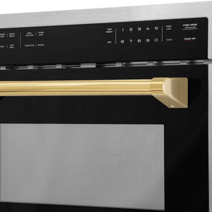 ZLINE Autograph Edition 24 in. 1.6 cu ft. Built-in Convection Microwave Oven in Satin Stainless Steel with Polished Gold Accents (MWOZ-24-SS-G) handle close-up.