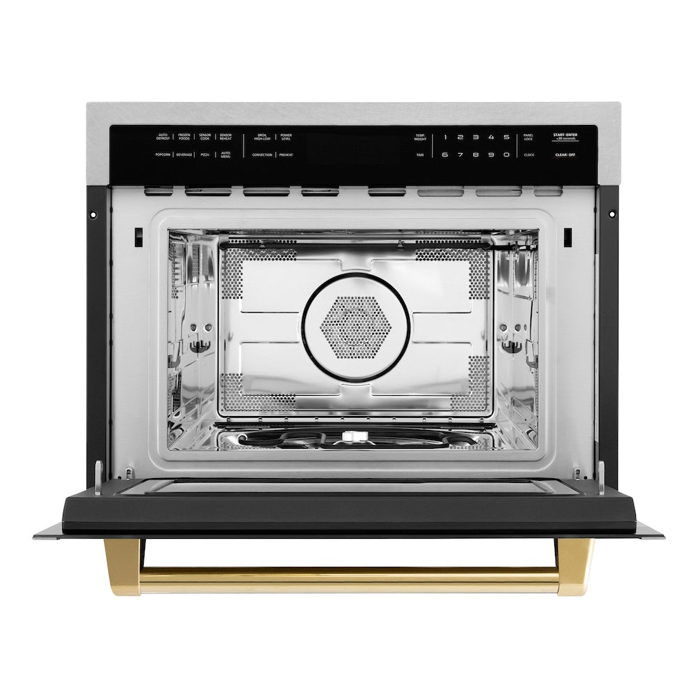 ZLINE Autograph Edition 24 in. 1.6 cu ft. Built-in Convection Microwave Oven in Satin Stainless Steel with Polished Gold Accents (MWOZ-24-SS-G) front, open.