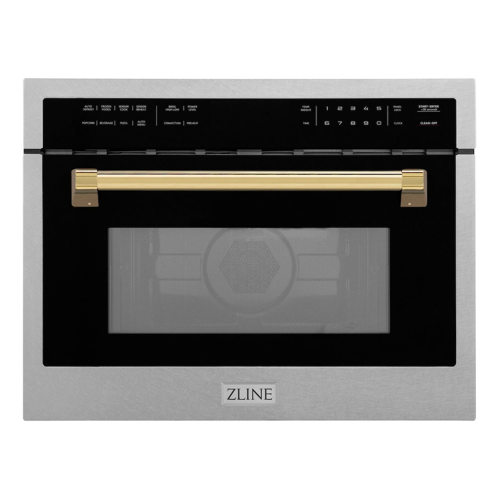 ZLINE Autograph Edition 24 in. 1.6 cu ft. Built-in Convection Microwave Oven in Satin Stainless Steel with Polished Gold Accents (MWOZ-24-SS-G) front.
