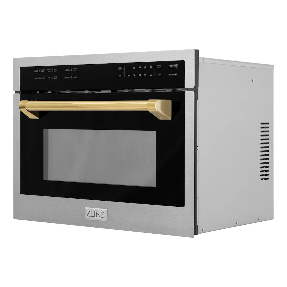 ZLINE Autograph Edition 24 in. 1.6 cu ft. Built-in Convection Microwave Oven in Satin Stainless Steel with Polished Gold Accents (MWOZ-24-SS-G) side.