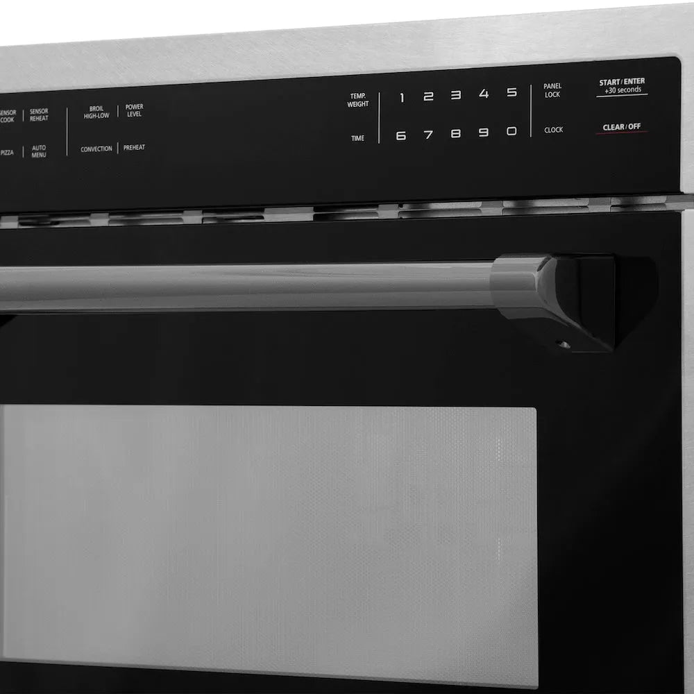 ZLINE Autograph Edition 24 in. 1.6 cu ft. Built-in Convection Microwave Oven in Satin Stainless Steel with Matte Black Accents (MWOZ-24-SS-MB) handle close-up.