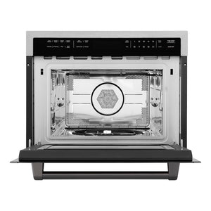ZLINE Autograph Edition 24 in. 1.6 cu ft. Built-in Convection Microwave Oven in Satin Stainless Steel with Matte Black Accents (MWOZ-24-SS-MB) front, open.