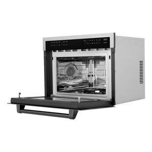 ZLINE Autograph Edition 24 in. 1.6 cu ft. Built-in Convection Microwave Oven in Satin Stainless Steel with Matte Black Accents (MWOZ-24-SS-MB) side, open.