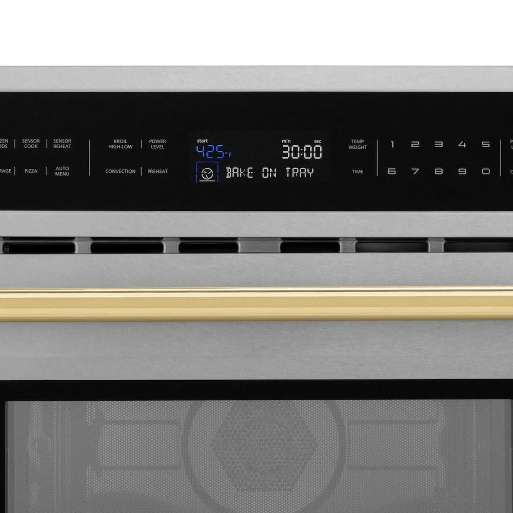 ZLINE Autograph Edition 30 in. 1.6 cu ft. Built-in Convection Microwave Oven in Satin Stainless Steel and Polished Gold Accents (MWOZ-30-SS-G) digital display and control panel