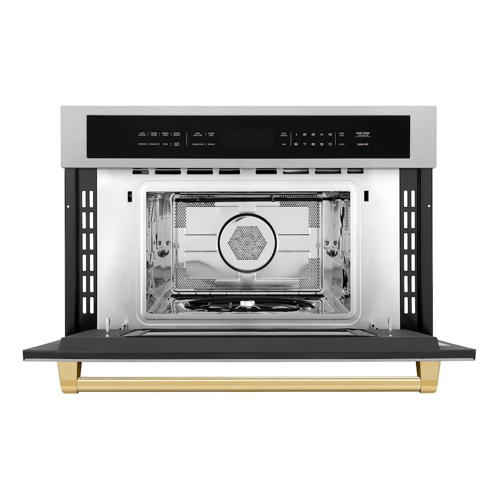 ZLINE Autograph Edition 30 in. 1.6 cu ft. Built-in Convection Microwave Oven in Satin Stainless Steel and Polished Gold Accents (MWOZ-30-SS-G) front, open.