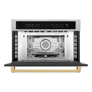 ZLINE Autograph Edition 30 in. 1.6 cu ft. Built-in Convection Microwave Oven in Satin Stainless Steel and Polished Gold Accents (MWOZ-30-SS-G) front, open.