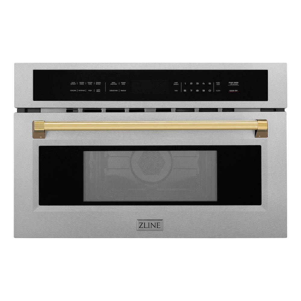ZLINE Autograph Edition 30 in. 1.6 cu ft. Built-in Convection Microwave Oven in Satin Stainless Steel and Polished Gold Accents (MWOZ-30-SS-G) front.