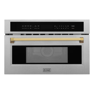 ZLINE Autograph Edition 30 in. 1.6 cu ft. Built-in Convection Microwave Oven in Satin Stainless Steel and Polished Gold Accents (MWOZ-30-SS-G) front.
