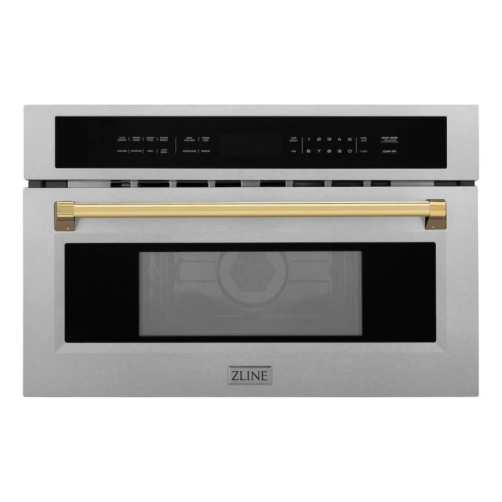 ZLINE Autograph Edition 30 in. 1.6 cu ft. Built-in Convection Microwave Oven in Satin Stainless Steel and Polished Gold Accents (MWOZ-30-SS-G) main image.