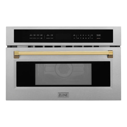 ZLINE Autograph Edition 30 in. 1.6 cu ft. Built-in Convection Microwave Oven in Satin Stainless Steel and Polished Gold Accents (MWOZ-30-SS-G) main image.