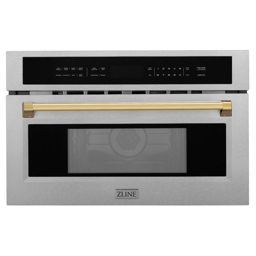 ZLINE Autograph Edition 30 in. 1.6 cu ft. Built-in Convection Microwave Oven in Satin Stainless Steel and Polished Gold Accents (MWOZ-30-SS-G)
