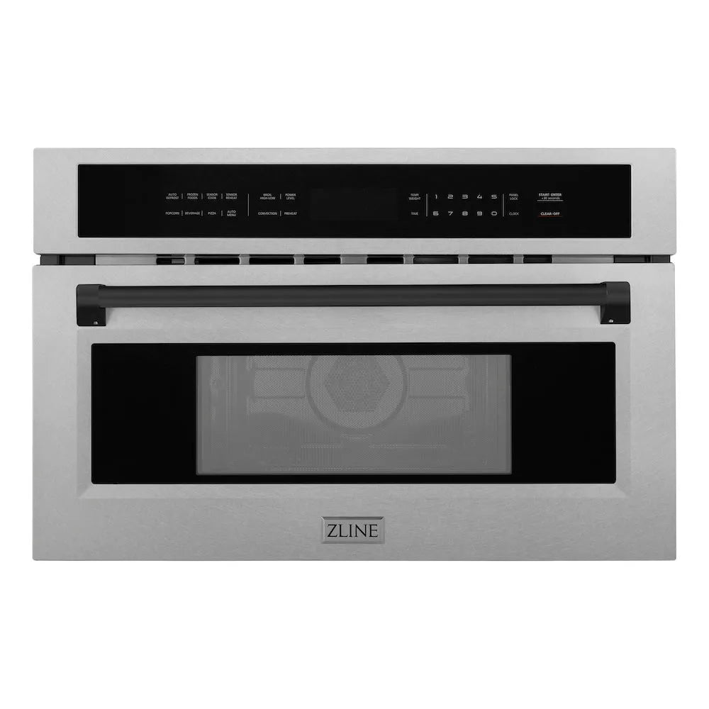 ZLINE Autograph Edition 30 in. 1.6 cu ft. Built-in Convection Microwave Oven in Satin Stainless Steel and Matte Black Accents (MWOZ-30-SS-MB) main image.