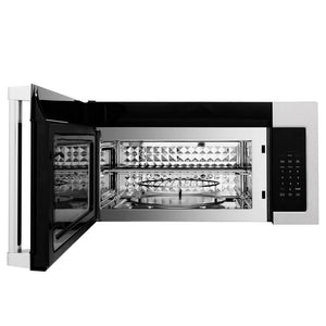 ZLINE 30 in. 1.5 cu. ft. Over-The-Range Convection Microwave Oven in Satin Stainless Steel with Traditional Handle and Sensor Cooking (MWO-OTR-H-30-SS) front, open, with rack.