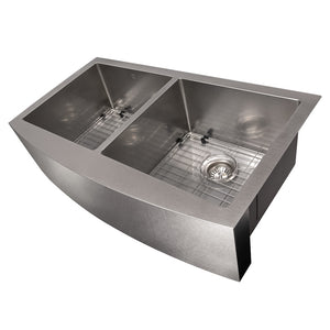 ZLINE 36 in. Niseko Farmhouse Apron Mount Double Bowl Satin Stainless Steel Kitchen Sink with Bottom Grid (SA50D-36S)
